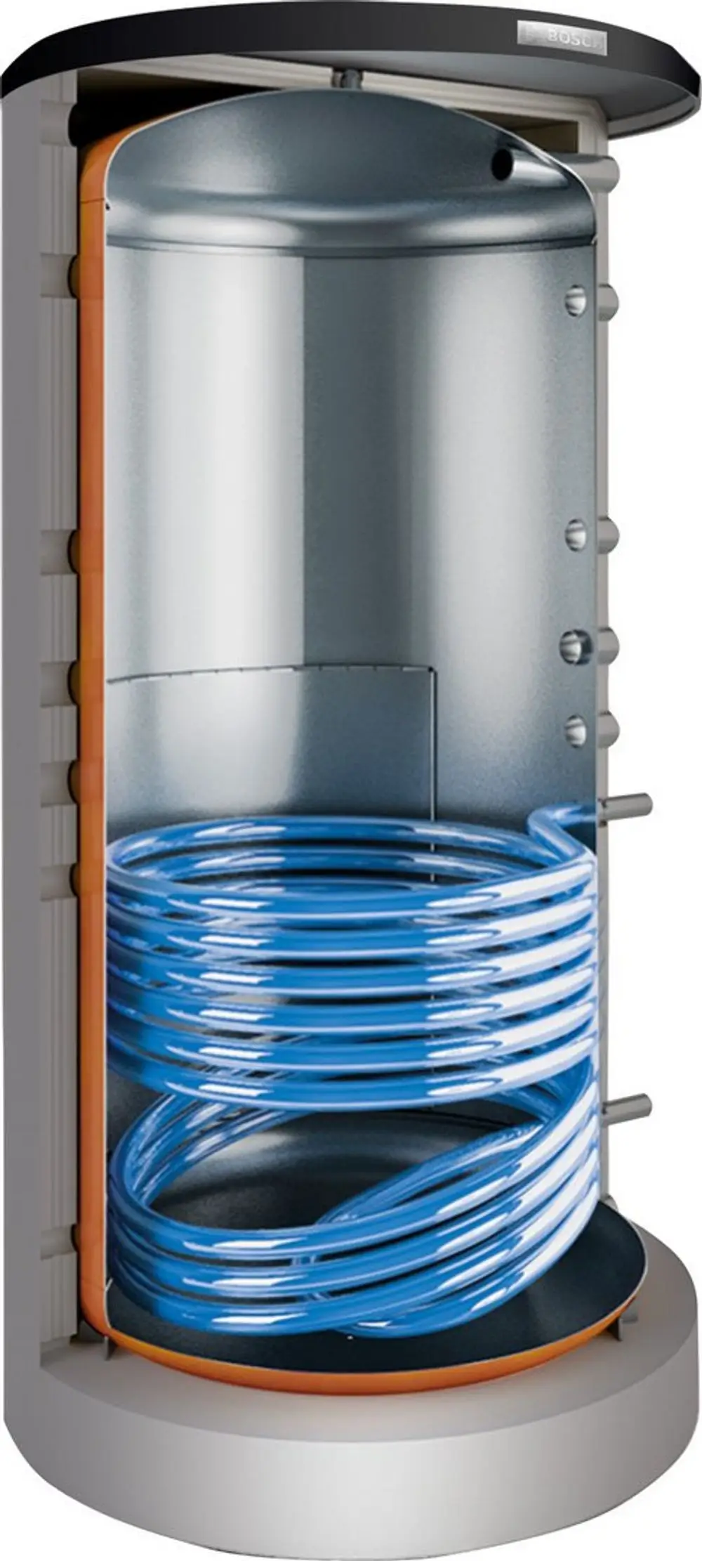 BOSCH Pufferspeicher mit einem Innentank und einem Wärmetauscher in blauer Schlangenform, geeignet für Solarthermie-Anwendungen. Entwurf zeigt einen Querschnitt des Systems.